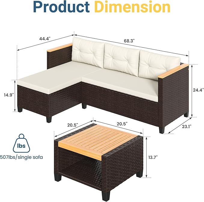 Green4ever 3-Piece Outdoor Patio Furniture Set, All-Weather PE Rattan Small Patio Sectional Sets with Storage Table, L Shaped Outdoor Couch with Cushions, Small Patio Sofa for Balcony Garden, Beige
