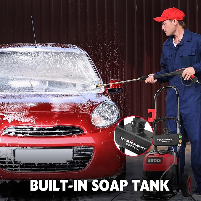 PowerSmart Electric Pressure Washer 1.2 GPM with Onboard Soap Tank, Metal Spray Wand, 5 Nozzle Set for Cars, Patio, Decks, and Fences (DB1001)