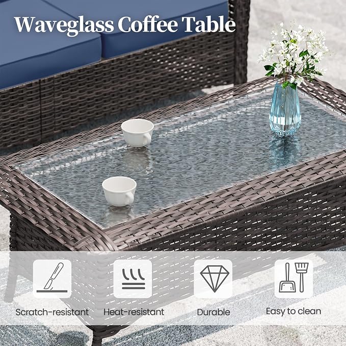ALAULM 7 Pieces Patio Furniture Set,High Back Wicker Outdoor Sectional Furniture Set with Swivel Chairs & Coffee Table, Patio Conversation Set Thick Cushion for Backyard, Deck, Porch-Navy