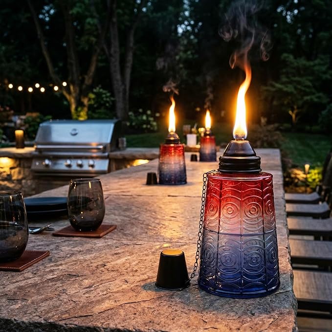 Seraphic Citronella Table Top Torches for Outdoor Patio, 16oz Decorative Glass Torch Citronella Candles for Outside Deck, Garden, Parties, Set of 3, Red/White/Blue