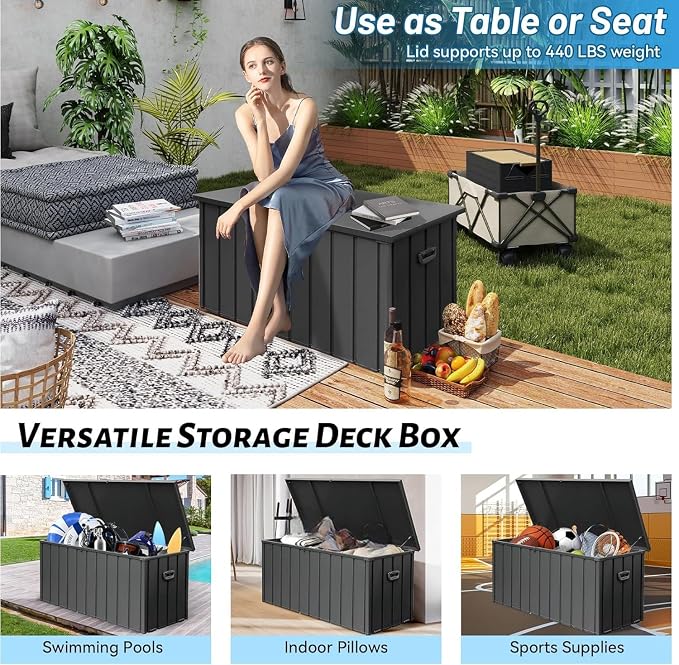 LuckyNote】190 Gallon Metal Deck Box, Waterproof Steel Outdoor Box, Large Patio Furniture Storage Cabinet, Lockable Storage Bench for Porch Package Delivery,Pool, Tools, Backyard (Dark Gray)