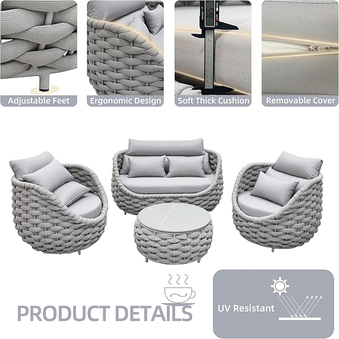 TWT Aluminum Outdoor Patio Furniture Set with Coffee Table, 6 Piece Patio Conversation Sets with Washable Cushions Covers, Patio Sectional Furniture Set for Porch, Balcony, Deck, Yard, Light Grey