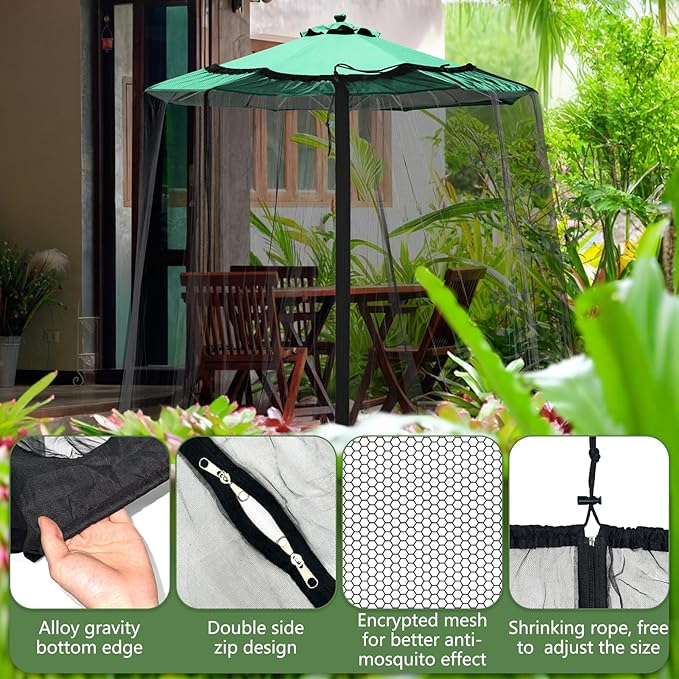 Patio Mosquito Netting - Mosquito net for Patio Garden and Outdoor Umbrellas with Adjustable Elastic Cord and Zipper Umbrella net