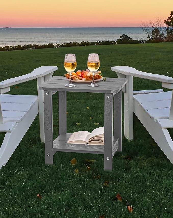 Tikea Adirondack Outdoor Side Table, 2-Tier 16.7" Outdoor End Table for Patio Pool Porch, All Weather Resistant Patio Furniture Gray
