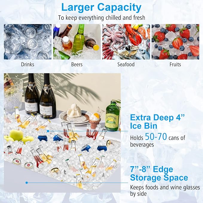 S AFSTAR 4 Foot Folding Ice Table, Buffet Salad Serving Table with Foldable Bucket, Removable Skirt, Drain System & 8" Spacious Edge, Portable Beverage Cooler for Party Camping Picnic Wedding