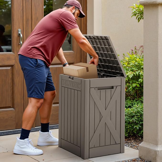 Devoko 48 Gallon Package Delivery Box Outdoor Secure Lockable, Waterproof Deck Box PP Material Storage Container for Porch, Deck (Brown, 48 Gallon)