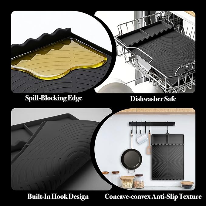 Silicone Grill Mat for Blackstone - BBQ Griddle Tools Side Mat with Drip Pad, Griddle Tools Mat for Outdoor Kitchen Countertop, BBQ Grill Accessories Gifts for Men (Black)