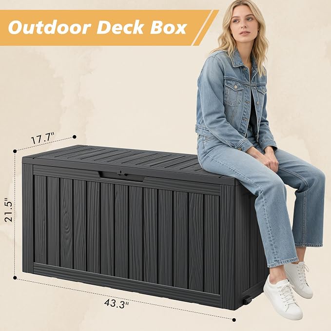 Fancyango 90 Gallon Outdoor Deck Box Waterproof, Large Storage Box for Patio, Resin Storage Bench Lockable for Garden Tools, Package Delivery, Black