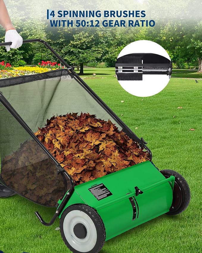 21-Inch Push Lawn Sweeper, 3.5 Cu. Ft. Hopper Capacity Leaf & Grass Collector with 4 Spinning Brushes, Adjustable Height, for Grass Clippings, Leaves & Debris, Green