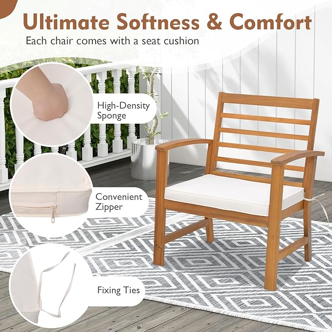 Tangkula 3 Pieces Outdoor Furniture Set, Acacia Wood Conversation Set with Soft Seat Cushions, Stable Acacia Wood Frame, Patio Sofa & Coffee Table Set for Backyard, Porch, Poolside (White)