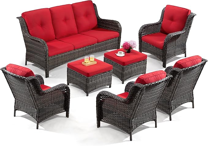 Wicker Patio Furniture Sets 7 Piece Set with One 3-Seat Sofa, 4 WIkcer Chairs, 2 Ottomans, Wicker Outdoor Furniture Set Patio Conversation Set, Red