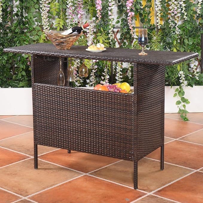 SPSUPE Outdoor Patio Rattan Bar Table, Wicker Bar Counter Table with 2 Steel Shelves and 2 Sets of Rails, 55.1"X 18.5"X 36.2" (L x W x H), Ideal for Garden, Backyard and Pool Side, Brown