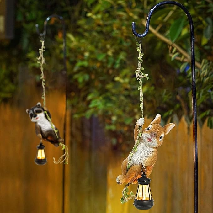 Joliyoou Easter Yard Décor, 6.9" H Resin Rabbit Climbing On A 23.6" L Vine with Solar LED Light, Waterproof Hanging Bunny Figurine Outdoor Statues with Hook for Garden Wall Balcony Tree Decoration