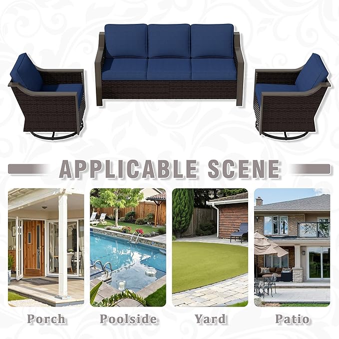 3 Piece Wicker Patio Conversation Set, All-Weather Use Outdoor Wicker Sofa with 2 PE Rattan Swivel Chair, Removable Water-Resistant Cushion, Ideal for Porch, Backyard, Balcony, Poolside, Blue