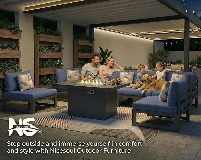 NICESOUL 12 Person Oversized Aluminum Patio Furniture Set with Fire Pit Table & Side Table, 500 lbs Heavy Duty Modular Sectional Sofa, Modern Water Resistant Conversation Set for Terrace, Denim Blue