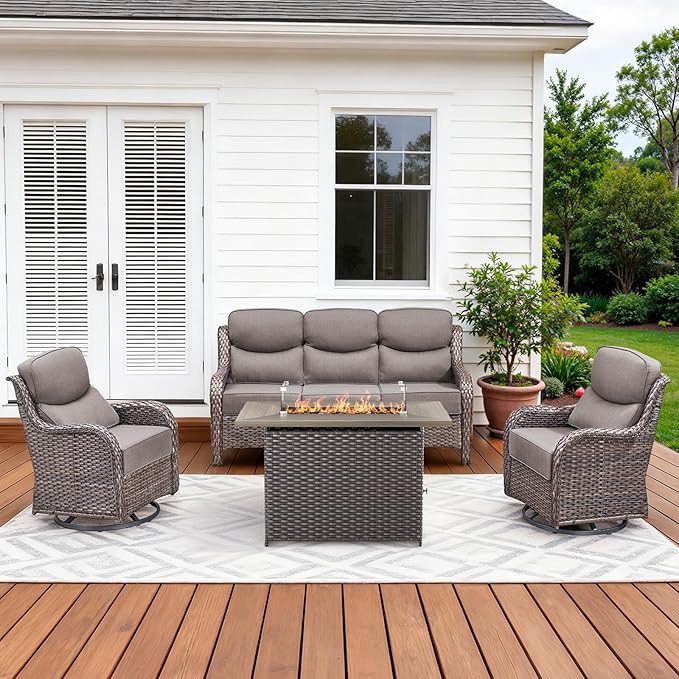 Luxury High Back Patio Furniture Set with 6-Inch Thick Cushions, 4-Pieces Outdoor Furniture with Swivel Chairs Fire Pit, Wicker Conversation Set for Porch, Balcony, Deck and Yard, Brown/Grey
