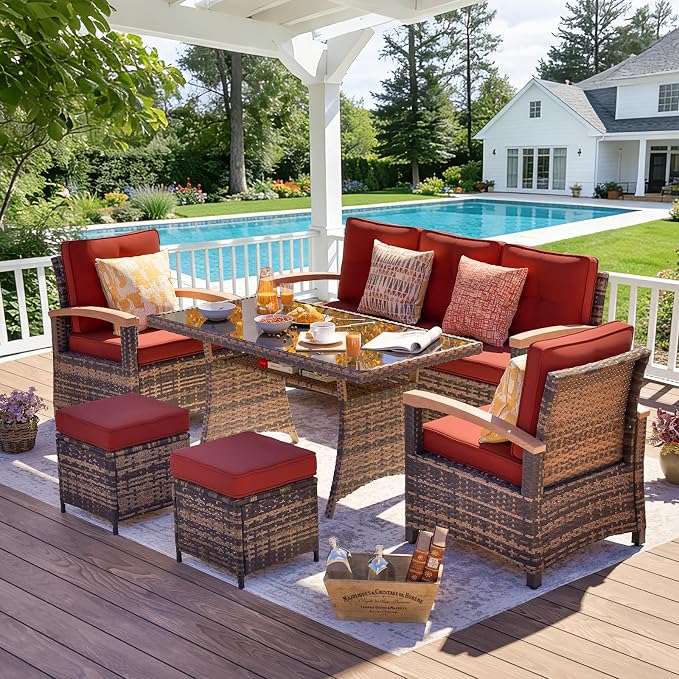 MEISSALIVVE 6 Pieces Patio Furniture Sets, PE Wicker Outdoor Conversation Sets with 2 Wood Armrests Single Chairs, 2 Ottomans and Dining Table (Red)