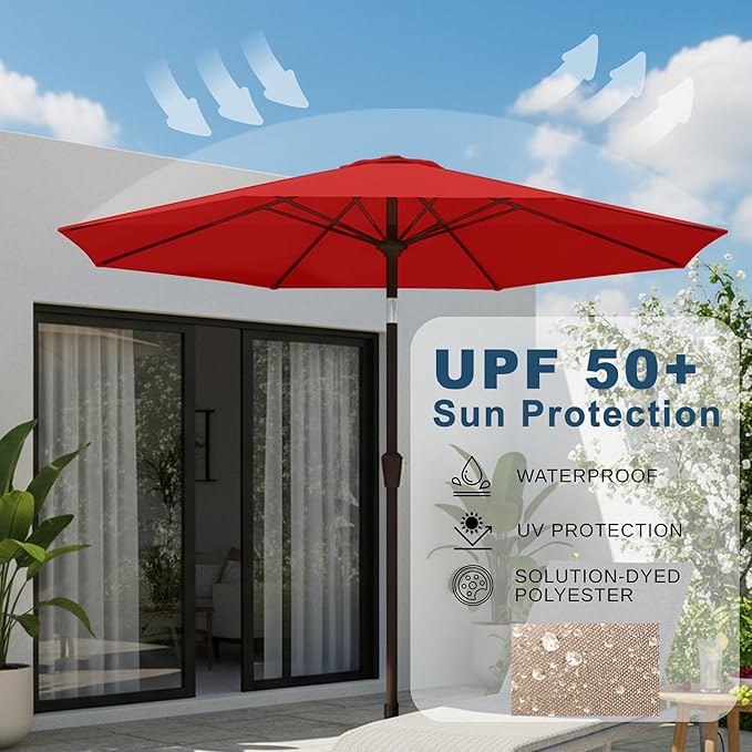 9ft Patio Umbrella with Push Button Tilt and Crank,Outdoor Market Table Umbrella UV Protection 8 Sturdy Ribs for Backyard,Garden,Pool,Deck(Red)