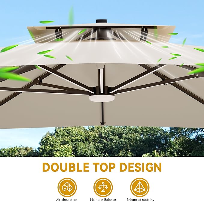 10x13 FT Cantilever Patio Umbrella with Led Lights Double Top Outdoor Rectangular Large Heavy Duty Aluminum Offset Umbrellas with 7 Level Tilt 360-degree Rotation for Pool Garden Deck, Beige