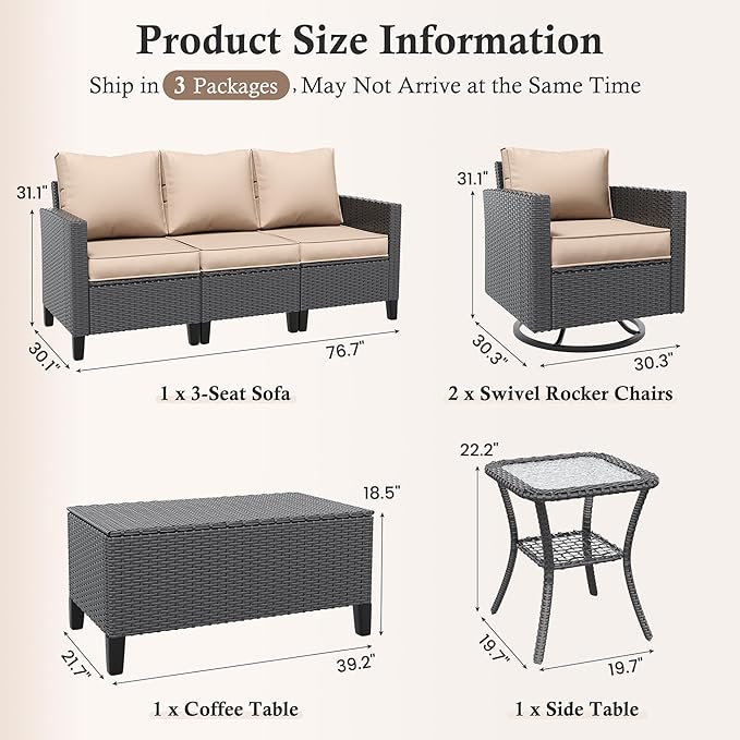 Amopatio Patio Furniture Set, 5-Piece Wicker Outdoor Sectional Sofa with Swivel Rocker Chairs, Rattan Conversation Set with Storage Coffee Table and Waterproof Cover for Backyard Black/Khak