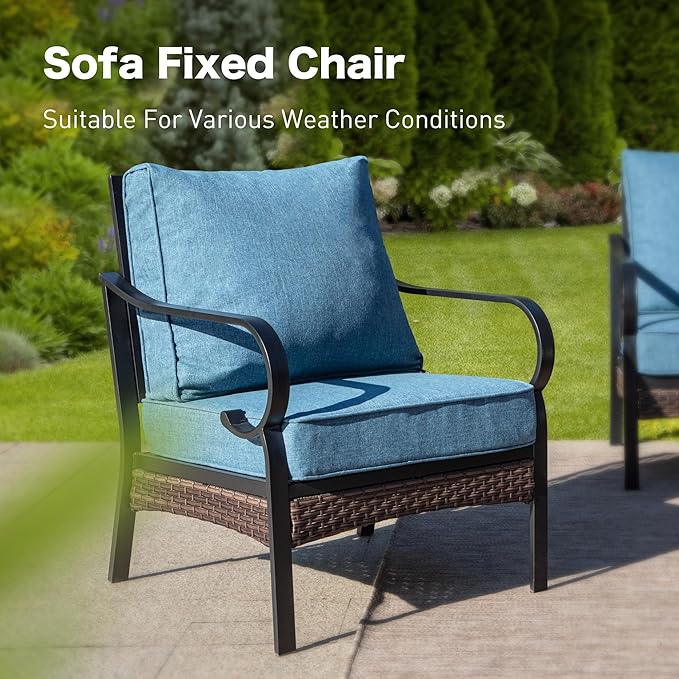 4 Piece Metal Outdoor Patio Furniture Set, Patio Conversation Sets 1 3-Seater Sofa, 2 Chairs with 5.75" Extra Thick Cushion and Coffee Table, Black Frame Backyard Furniture, Denim Blue