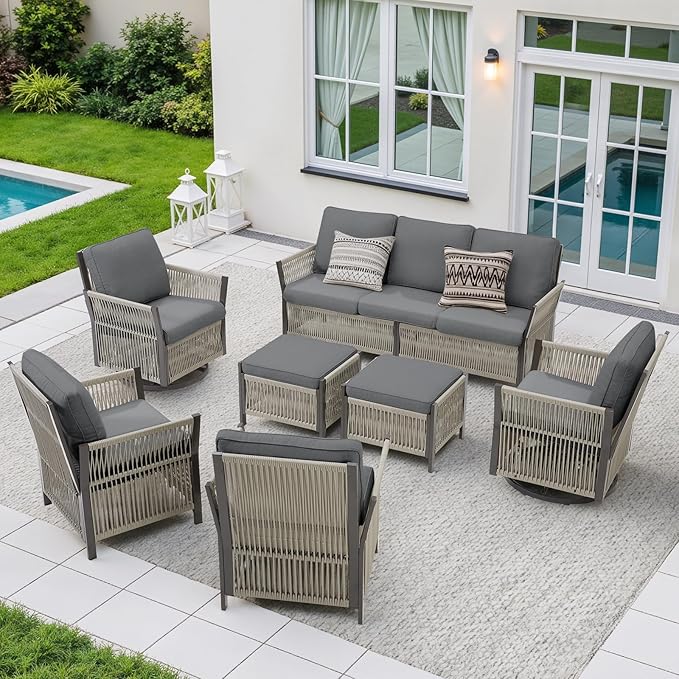 Wicker Outdoor Furniture Set, 7 Piece Patio Conversation Sets, Comfort Swivel Rocker Glider Patio Chairs Set of 2 with Ottoman and Rattan Sofa (Grey)