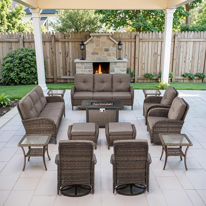 Belord Grand 13 Pieces Outdoor Patio Furniture Set with 4 Swivel Glider Chairs and 50000 BTU Propane Fire Pit Table, Patio Conversation Set with Sofa and Wicker Side Table for Big Garden Backyard