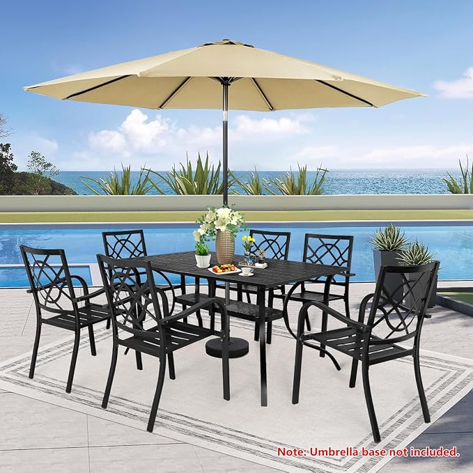 7 Piece Outdoor Patio Dining Set with Umbrella, Patio Metal Furniture Set Outdoor Rectangular Dining Table with 9 FT Patio Umbrella & Stackable Backyard Garden Chairs