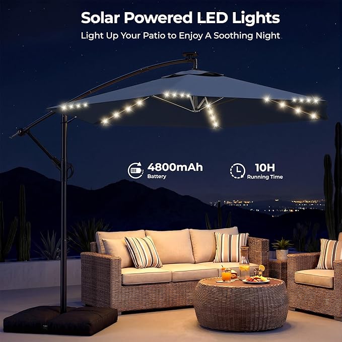 HOMSHADE 10FT Offset Patio Umbrella with Solar Lights, Outdoor Patio Umbrella with Base Included, Easy Tilt and UPF50+ Cantilever Market Hanging Umbrellas for Pool, Deck, Garden, Patio (Navy Blue)