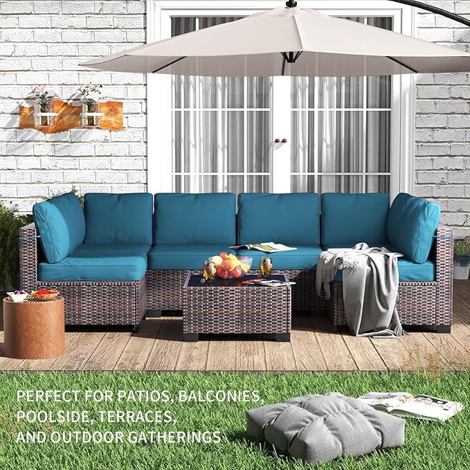 GarveeHome 7 Piece Patio Furniture Set, PE Rattan Wicker Sectional Sofa Set with Cushions & Glass Top Coffee Table, Outdoor Conversation Furniture for Garden, Balcony, Porch, Backyard