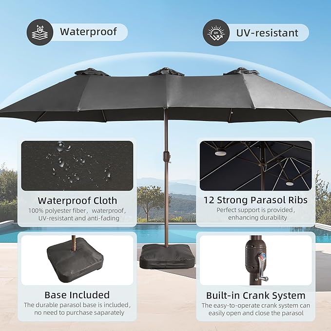 15ft Patio Umbrella with Base Included, Rectangle Double Patio Umbrellas with Crank Handle 12 Ribs, Heavy Duty Large Table Umbrella for Pool Deck Garden Party Commercial