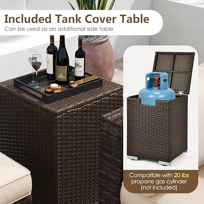 Tangkula 7 Pieces Outdoor Sectional Sofa Set Set with 32” Fire Pit Table and Propane Tank Cover, for Deck, Garden and Backyard, Fire Pit Protective Cover Included (Off White)