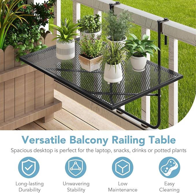 Giantex Balcony Table, Folding Outdoor Side Table for Railings Up to 2.4" Thick, Space-Saving Railing Serving Table with Metal Frame, Foldable Bar Table for Patio, Porch, Deck (24”x20”x20”)