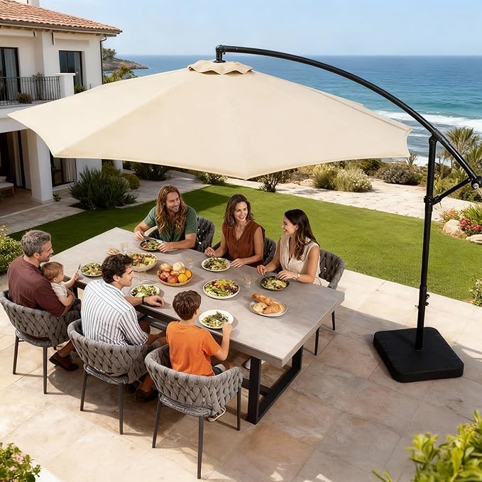 OLILAWN Cantilever Offset Patio Umbrellas, Outdoor 10 feet Large Patio Umbrella with Base Included, Upgraded Yarn-dyed Fabric Shade, Sturdy 8 Rids, 360 Degree Rotation & Easy Tilt Adjustment, for Resort Courtyard Hotel Leisure Zone Commercial Leisure T...