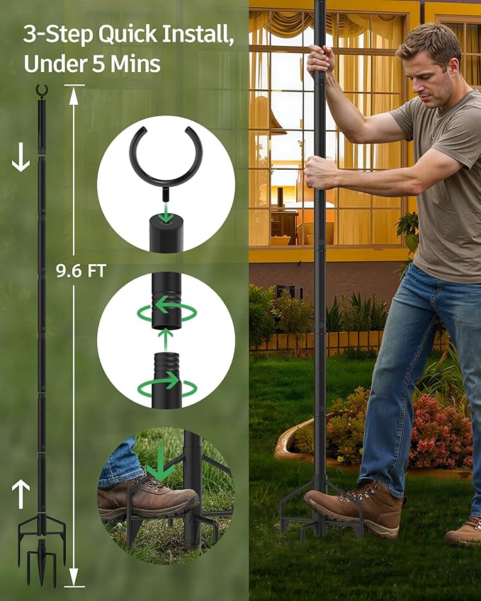 LAND·VOI String Light Poles 4 Pack, Heavy Duty Outdoor Light Poles with Upgraded 5‑Prong Base, Anti‑Bending Stable Design for Backyard Patio Garden Wedding Party Decoration