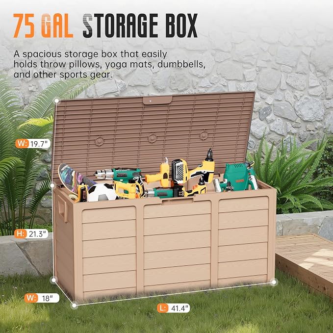 Crownland Outdoor 75 Gallon Storage Deck Box, Weatherproof Woodgrain Patio Storage Box for Balcony, Garden, Backyard (Light Brown)
