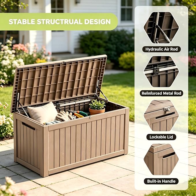 152 Gallon Outdoor Deck Storage Box, Large Waterproof Resin Patio Storage Box, Lockable Bench Seat Holds 2 Adults, for Garden Tools, Cushions & Pool Floats, UV & Rust Resistant, Gray Brown