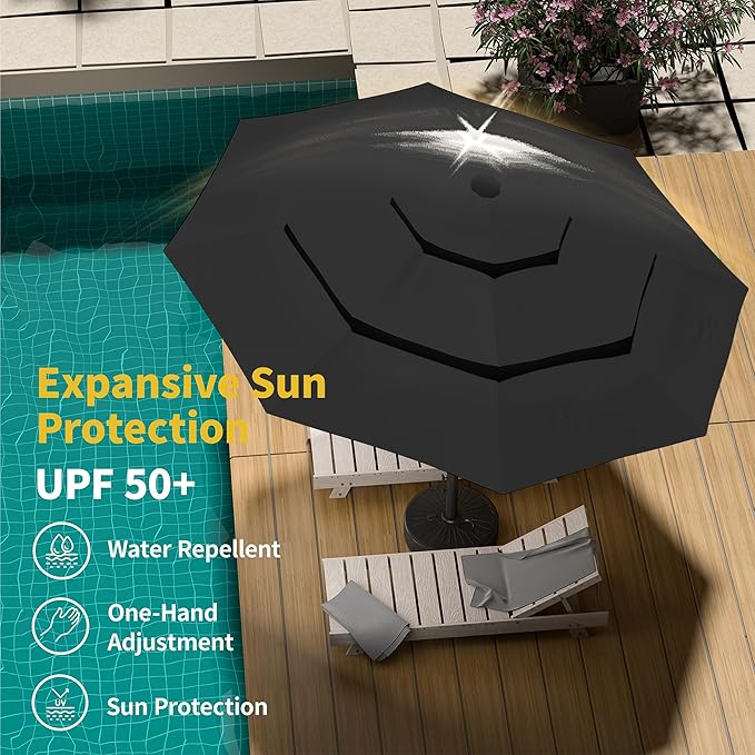 Kingdura 9ft 3-Tier Patio Umbrella with Solar Lights, Table Umbrella Outdoor Patio with Easy Crank & Tilt, 8 Sturdy Ribs, UV Protection, 32 LED Lights for Deck, Poolside, Market (Black)