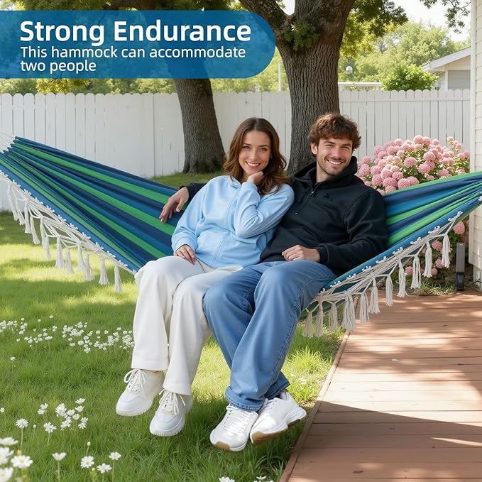 Posprica Brazilian Style Double Hammock with Fringe, 2 Person Patio Hammock for Backyard & Indoor Relaxation, Soft Breathable Fabric, Easy Setup with Straps & Carry Bag, 360 lbs Capacity