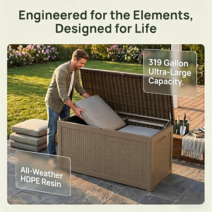 319 Gallon Extra Large Outdoor Storage Box, Waterproof Deck Box with Lockable Lid, Resin Outside Storage Box for Patio Furniture, Pool Accessories,Garden Tools, Storage Bench for Backyard, Gray Coffee