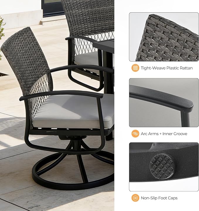 HAPPATIO 9-Piece Patio Dining Set with Wicker Swivel Rocker Patio Chairs | Outdoor Dining Set, Powder-Coated Metal Dining Table with Umbrella Hole, Removable Cushions for Outside Lawn, Garden