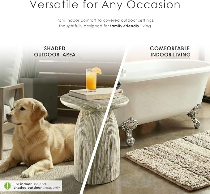 24/7 Shop at Home Ranera Modern 17-inch Natural Stone Side Table with Round Pedestal Base, Marble Nightstand, Fluted Patio End Table, for Living Room, Covered Outdoor Spaces, Balcony, Gray Travertine