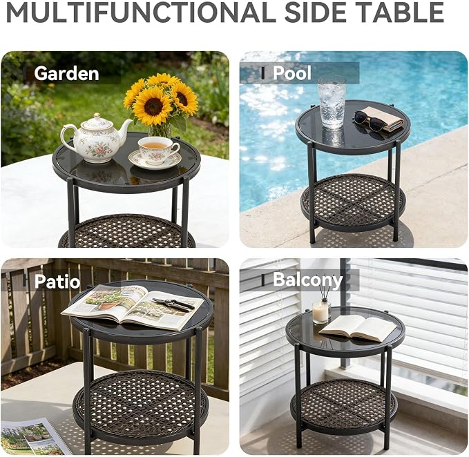 Kinfant Outdoor Wicker Side Table – Roud Patio End Table with Tempered Glass Top, Rubber Suction Pads & Storage Shelf, All-Weather Rattan Coffee Table for Balcony, Porch, Deck, Garden, Easy Assembly