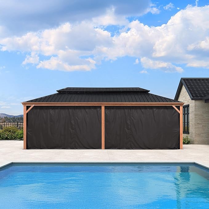 PURPLE LEAF 12' X 24' Outdoor Hardtop Gazebo for Patio Galvanized Steel Double Roof Permanent Canopy Teak Finish Coated Aluminum Frame Pavilion Gazebo with Netting and Black Curtains
