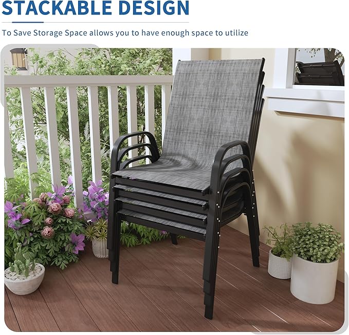 PIZZELLO 5-Pieces Patio Furniture Set w/ 60" Propane Firepit Table and 6 Patio Dining Chairs, Outdoor Conversation Set 50,000 BTU Aluminum Gas Fire Pit Stackable Patio Chairs Set of 4 for Backyard