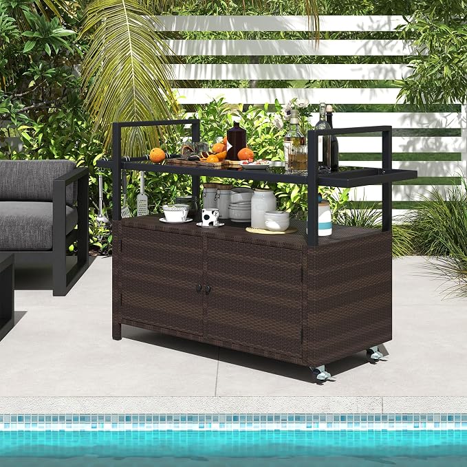 Tangkula Outdoor Bar Cart, Patiojoy Rolling Wicker Buffet Serving Cart with Tempered Glass Top, Storage Cabinet & 8 Hooks, Kitchen Island Cart on Wheels for Porch Backyard Garden Poolside (Mix Brown)