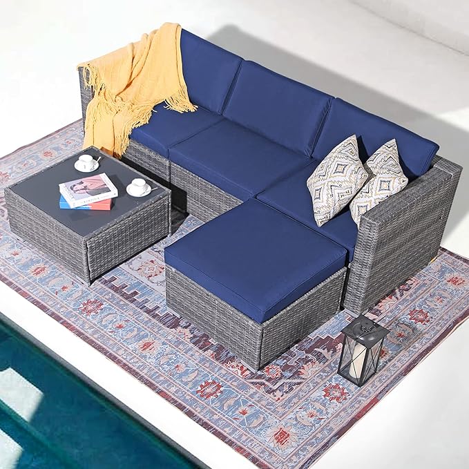 Patiorama 5 Piece Outdoor Patio Furniture Set, Outdoor Sectional Conversation Set, All-Weather Grey PE Wicker w/Navy Blue Cushions, Outdoor Backyard Porch Garden Poolside Balcony Furniture Set