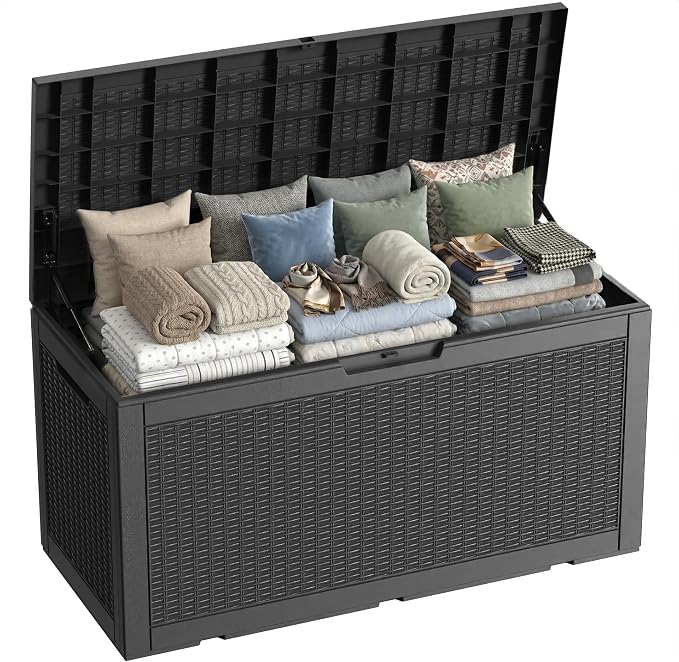 120 Gallon Waterproof Outdoor Storage Box,Lockable Large Deck Box with Lid for Packages,Weatherproof Resin Storage Bin for Patio Furniture Cushions Garden Tools Accessories(Black,120 Gallon)