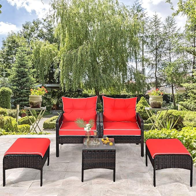 HAPPYGRILL 5PCS Patio Furniture Set Outdoor Rattan Wicker Conversation Set with Coffee Table Cushioned Sofas and Ottoman Chat Set for Garden Backyard