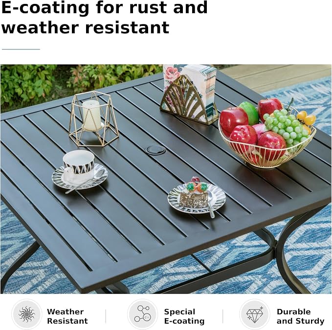 MFSTUDIO 5-Piece Patio Dining Set, 37" Square Metal Table, Fixed Chairs | Umbrella Hole, Seats 4, All-Weather Use